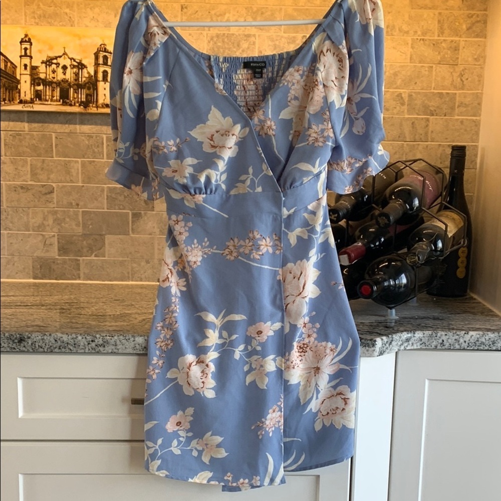 Blue and White V-Neck Flutter Sleeve Dress